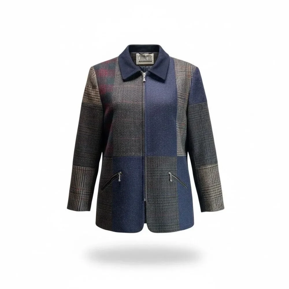 Patchwork Wool Jacket Blue Plaid Zip Front Vtg10 Dark Academia Quiet Luxury